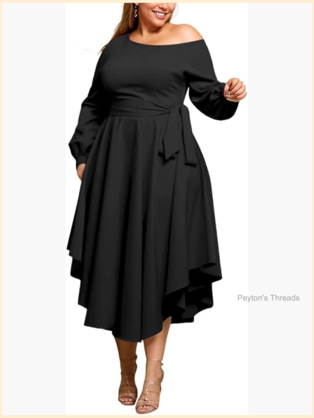 Plus Size Off Shoulder Long Sleeve Boat Neck Flowy Midi Church Dress